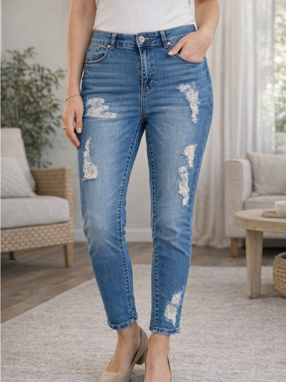 Chico’s Platinum Ankle Jeans – Distressed Lace Detail, Size 2